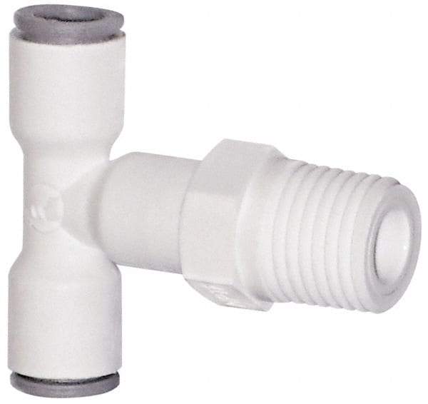 Parker - 1/4" OD, 1/8 NPTF, Bio-Sourced Nylon 11 Push-to-Connect Male Swivel Branch Tee - 230 Max psi, White - Exact Tool & Supply