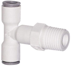Parker - 1/4" OD, 1/4 NPTF, Bio-Sourced Nylon 11 Push-to-Connect Male Swivel Branch Tee - 230 Max psi, White - Exact Tool & Supply