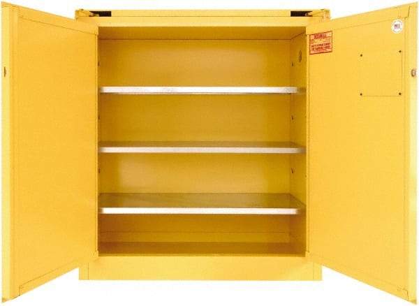 Securall Cabinets - 2 Door, 3 Shelf, Yellow Steel Standard Safety Cabinet for Flammable and Combustible Liquids - 46" High x 43" Wide x 18" Deep, Self Closing Door, 3 Point Key Lock, 40 Gal Capacity - Exact Tool & Supply