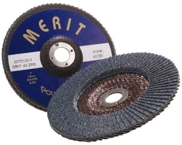 Merit Abrasives - 80 Grit, 7" Disc Diam, 7/8" Center Hole, Type 27 Zirconia Alumina Flap Disc - 8,600 Max RPM, Fiberglass Backing, Arbor Attaching System, Coated - Exact Tool & Supply