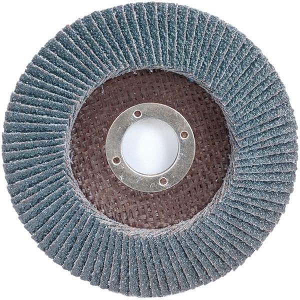 Merit Abrasives - 80 Grit, 4-1/2" Disc Diam, 7/8" Center Hole, Type 29 Zirconia Alumina Flap Disc - 13,000 Max RPM, Fiberglass Backing, Arbor Attaching System, Coated - Exact Tool & Supply