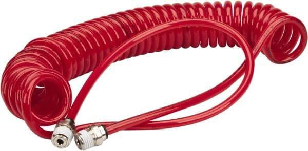 PRO-SOURCE - 0.16 ID, 1/4 Thread, 15' Long, Red Polyurethane Coiled & Self Storing Hose - 125 Max psi, Male Swivel x Male Swivel - Exact Tool & Supply