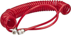 PRO-SOURCE - 0.16 ID, 1/4 Thread, 15' Long, Red Polyurethane Coiled & Self Storing Hose - 125 Max psi, Male Swivel x Male Swivel - Exact Tool & Supply