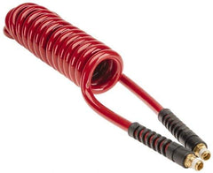 PRO-SOURCE - 3/8" ID, 1/4 Thread, 10' Long, Red Polyurethane Coiled & Self Storing Hose - 200 Max psi, Male Swivel x Male Swivel - Exact Tool & Supply
