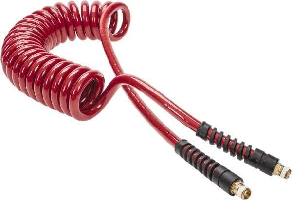 PRO-SOURCE - 3/8" ID, 1/4 Thread, 15' Long, Red Polyurethane Coiled & Self Storing Hose - 200 Max psi, Male Swivel x Male Swivel - Exact Tool & Supply