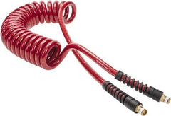 PRO-SOURCE - 3/8" ID, 1/4 Thread, 15' Long, Red Polyurethane Coiled & Self Storing Hose - 200 Max psi, Male Swivel x Male Swivel - Exact Tool & Supply