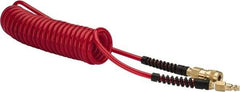 PRO-SOURCE - 1/4" ID, 1/4 Thread, 15' Long, Red Polyurethane Coiled & Self Storing Hose - Male Swivel x Male Swivel - Exact Tool & Supply
