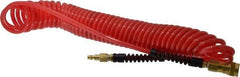 PRO-SOURCE - 1/4" ID, 1/4 Thread, 25' Long, Red Polyurethane Coiled & Self Storing Hose - Male Swivel x Male Swivel - Exact Tool & Supply