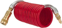 PRO-SOURCE - 1/4" ID, 1/4 Thread, 12' Long, Red Nylon Coiled & Self Storing Hose - 240 Max psi, Industrial Interchange Coupler x Plug - Exact Tool & Supply