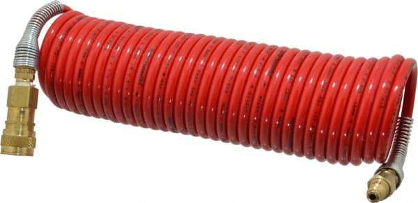 PRO-SOURCE - 1/4" ID, 1/4 Thread, 25' Long, Red Nylon Coiled & Self Storing Hose - 240 Max psi, Industrial Interchange Coupler x Plug - Exact Tool & Supply