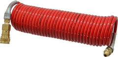 PRO-SOURCE - 1/4" ID, 1/4 Thread, 25' Long, Red Nylon Coiled & Self Storing Hose - 240 Max psi, Industrial Interchange Coupler x Plug - Exact Tool & Supply