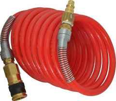 PRO-SOURCE - 3/8" ID, 3/8 Thread, 12' Long, Red Nylon Coiled & Self Storing Hose - 225 Max psi, Industrial Interchange Coupler x Plug - Exact Tool & Supply