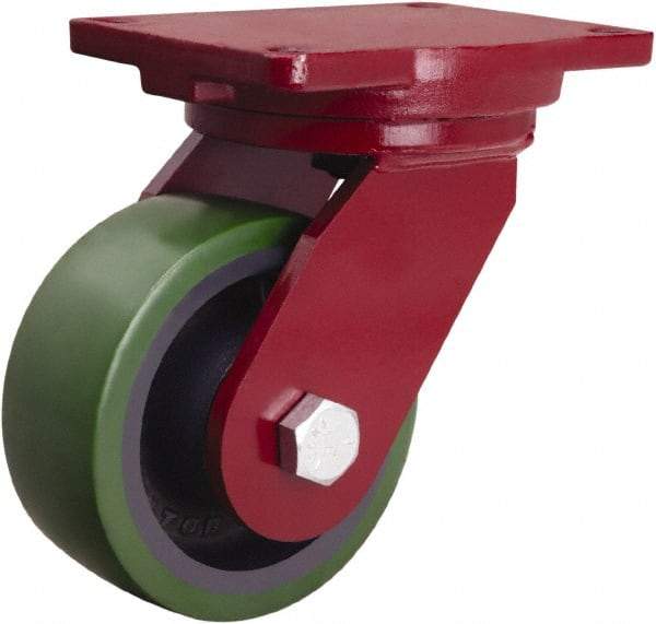 Hamilton - 6" Diam x 2-1/2" Wide x 8-1/2" OAH Top Plate Mount Swivel Caster - Polyurethane Mold onto Cast Iron Center, 1,600 Lb Capacity, Tapered Roller Bearing, 6-1/8 x 7-1/2" Plate - Exact Tool & Supply