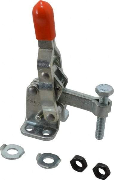 Lapeer - 200 Lb Holding Capacity, Vertical Handle, Manual Hold Down Toggle Clamp - 64° Handle Movement, 110° Bar Opening, Solid Bar, Flanged Base, Carbon Steel - Exact Tool & Supply