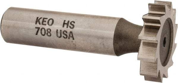 Keo - 1" Diam x 7/32" Face Width, High Speed Steel, 12 Teeth, Shank Connection Woodruff Keyseat Cutter - Uncoated, 2-7/32" OAL x 1/2" Shank, Straight Teeth, ANSI 708, Old Standard 14 - Exact Tool & Supply