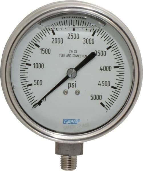 Wika - 4" Dial, 1/4 Thread, 0-5,000 Scale Range, Pressure Gauge - Lower Connection Mount, Accurate to 1% of Scale - Exact Tool & Supply