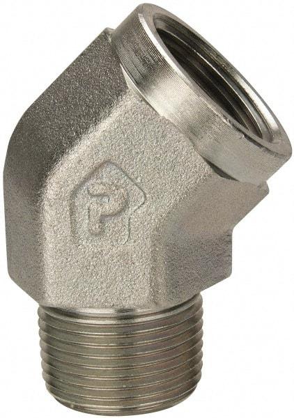 Parker - 1 Male Thread x 1 Female Thread, Zinc Plated Steel Industrial Pipe 45° Street Elbow - MNPTF x FNPTF, 1,800 psi - Exact Tool & Supply