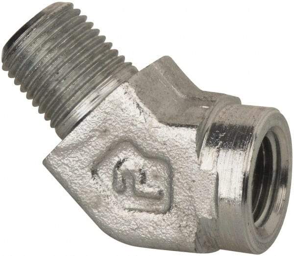 Parker - 1/4 Male Thread x 1/4 Female Thread, Zinc Plated Steel Industrial Pipe 45° Street Elbow - MNPTF x FNPTF, 5,000 psi - Exact Tool & Supply