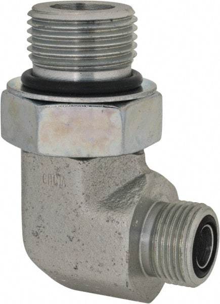 Parker - 1/2" OD, Steel Zinc Plated Male Elbow - 6,000 Max Working psi, O-Ring Face Seal/SAE-ORB Ends - Exact Tool & Supply