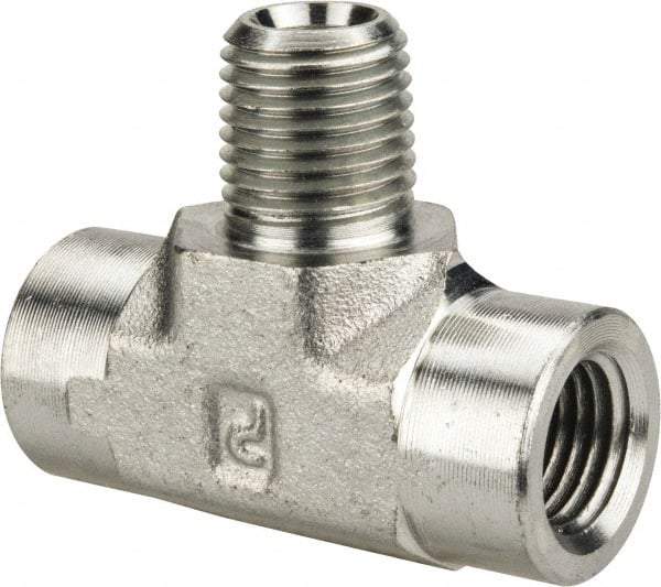 Parker - 1/4 Male Thread x 1/4 Female Thread, Zinc Plated Steel Industrial Pipe Male Branch Tee - MNPTF x FNPTF, 5,000 psi - Exact Tool & Supply