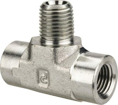 Parker - 1/4 Male Thread x 1/4 Female Thread, Zinc Plated Steel Industrial Pipe Male Branch Tee - MNPTF x FNPTF, 5,000 psi - Exact Tool & Supply