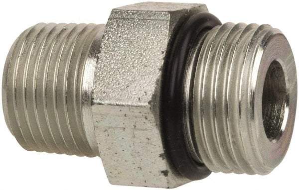 Parker - 3/4-16 x 3/8 Male Thread, Zinc Plated Steel Industrial Pipe Adapter - Male Straight Thread O-Ring x Male NPTF, 6,000 psi - Exact Tool & Supply