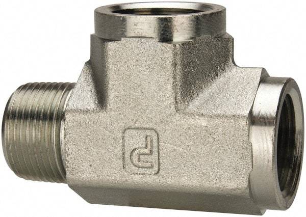 Parker - 1 Male Thread x 1 Female Thread, Zinc Plated Steel Industrial Pipe Street Tee - MNPTF x FNPTF, 1,800 psi - Exact Tool & Supply