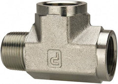 Parker - 1 Male Thread x 1 Female Thread, Zinc Plated Steel Industrial Pipe Street Tee - MNPTF x FNPTF, 1,800 psi - Exact Tool & Supply