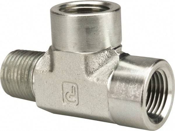 Parker - 1/2 Male Thread x 1/2 Female Thread, Zinc Plated Steel Industrial Pipe Street Tee - MNPTF x FNPTF, 3,000 psi - Exact Tool & Supply