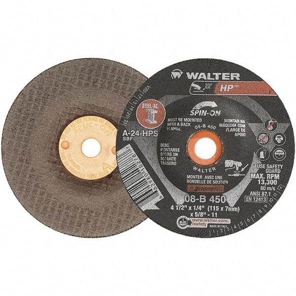 WALTER Surface Technologies - 24 Grit, 4-1/2" Wheel Diam, 1/4" Wheel Thickness, Type 27 Depressed Center Wheel - Aluminum Oxide, 13,300 Max RPM - Exact Tool & Supply