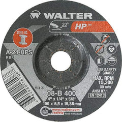 WALTER Surface Technologies - 24 Grit, 4" Wheel Diam, 1/4" Wheel Thickness, 5/8" Arbor Hole, Type 27 Depressed Center Wheel - Aluminum Oxide, Resinoid Bond, 15,000 Max RPM - Exact Tool & Supply