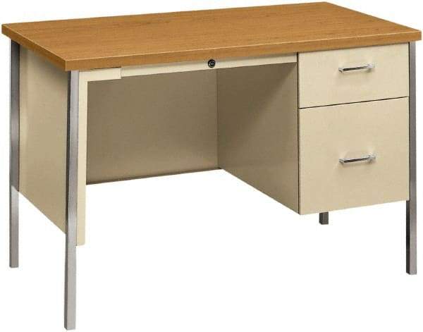 Hon - Woodgrain Laminate/Metal Right Pedestal Desk with Center Drawer - 45" Wide x 24" Deep x 29" High, Harvest/Putty - Exact Tool & Supply