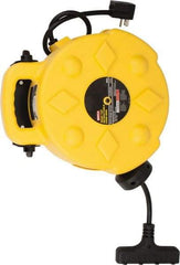 Bayco - 12 AWG, 50' Cable Length, Cord & Cable Reel with Outlet End - 4 Outlets, NEMA 5-15R, 15 Amps, SJTW Cable, Yellow Reel - Exact Tool & Supply