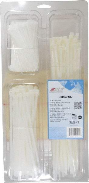 Made in USA - 4 to 11 Inch Range, White Cable Ties - 7/8, 1-7/8 and 3-1/16 Inch Bundle Diameter, 18 and 50 Lb. Strength, Nylon - Exact Tool & Supply