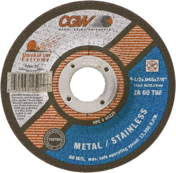 Camel Grinding Wheels - 60 Grit, 6" Wheel Diam, 7/8" Arbor Hole, Type 27 Depressed Center Wheel - Medium Grade, Zirconia Alumina, Resinoid Bond, T Hardness, 10,200 Max RPM - Exact Tool & Supply