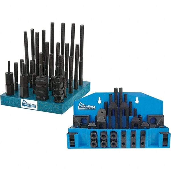 Gibraltar - 52 Piece Fixturing Step Block & Clamp Set with 1" Step Block, 11/16" T-Slot, 5/8-11 Stud Thread - 1-1/8" Nut Width, 4, 5, 3, 6, 7 & 8" Stud Lengths - Exact Tool & Supply