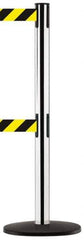 Tensator - 38-1/4" High, 2-1/2" Pole Diam, Tensabarrier Post - 13-1/2" Base Diam, Round ABS Plastic Base, Polished Chrome (Color) 7-1/2" Tape, Dual Line Tape - Exact Tool & Supply