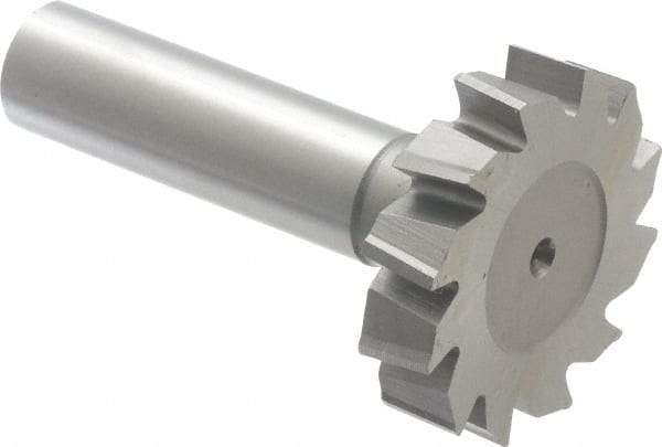 Made in USA - 1-3/8" Diam x 5/16" Face Width, High Speed Steel, 12 Teeth, Shank Connection Woodruff Keyseat Cutter - Uncoated, 2-5/16" OAL x 1/2" Shank, Staggered Teeth, ANSI 1011, Old Standard 23 - Exact Tool & Supply