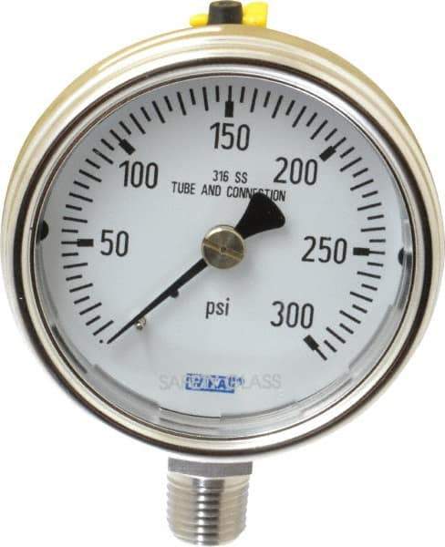Wika - 2-1/2" Dial, 1/4 Thread, 0-300 Scale Range, Pressure Gauge - Lower Connection Mount, Accurate to 2-1-2% of Scale - Exact Tool & Supply