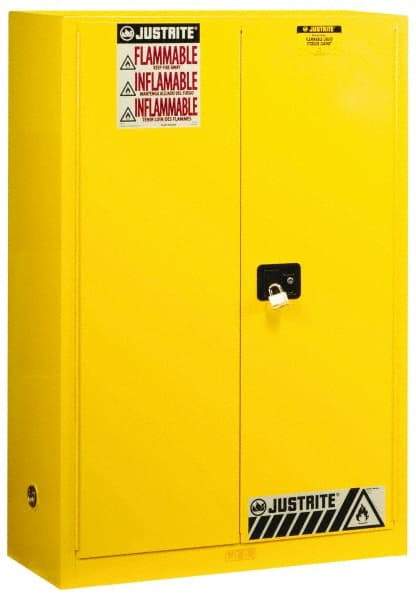 Justrite - 2 Door, 2 Shelf, Yellow Steel Standard Safety Cabinet for Flammable and Combustible Liquids - 65" High x 43" Wide x 18" Deep, Manual Closing Door, 3 Point Key Lock, 45 Gal Capacity - Exact Tool & Supply