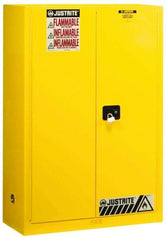 Justrite - 2 Door, 2 Shelf, Yellow Steel Standard Safety Cabinet for Flammable and Combustible Liquids - 65" High x 43" Wide x 18" Deep, Manual Closing Door, 3 Point Key Lock, 45 Gal Capacity - Exact Tool & Supply