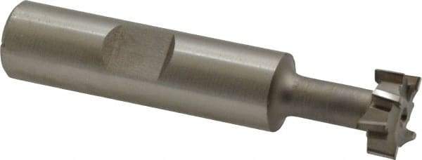 Made in USA - 9/16" Cut Diam, 15/64" Cut Width, 17/64" Neck Diam, 1/2" Shank Diam, 2-19/32" OAL, High Speed Steel T-Slot Cutter - Uncoated, 1/4" Bolt, 1-13/16" Shank Length, Staggered Teeth, 8 Teeth, Weldon Flat - Exact Tool & Supply
