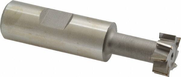 Made in USA - 25/32" Cut Diam, 21/64" Cut Width, 13/32" Neck Diam, 3/4" Shank Diam, 3-1/4" OAL, High Speed Steel T-Slot Cutter - Uncoated, 3/8" Bolt, 2-1/16" Shank Length, Staggered Teeth, 8 Teeth, Weldon Flat - Exact Tool & Supply