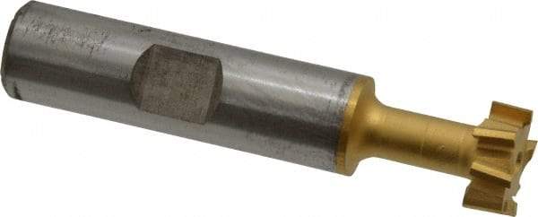 Made in USA - 9/16" Cut Diam, 15/64" Cut Width, 17/64" Neck Diam, 1/2" Shank Diam, 2-19/32" OAL, High Speed Steel T-Slot Cutter - TiN Finish, 1/4" Bolt, 1-13/16" Shank Length, Staggered Teeth, 8 Teeth, Weldon Flat - Exact Tool & Supply