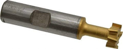 Made in USA - 9/16" Cut Diam, 15/64" Cut Width, 17/64" Neck Diam, 1/2" Shank Diam, 2-19/32" OAL, High Speed Steel T-Slot Cutter - TiN Finish, 1/4" Bolt, 1-13/16" Shank Length, Staggered Teeth, 8 Teeth, Weldon Flat - Exact Tool & Supply
