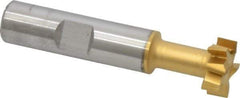 Made in USA - 21/32" Cut Diam, 17/64" Cut Width, 21/64" Neck Diam, 1/2" Shank Diam, 2-11/16" OAL, High Speed Steel T-Slot Cutter - TiN Finish, 5/16" Bolt, 1-13/16" Shank Length, Staggered Teeth, 8 Teeth, Weldon Flat - Exact Tool & Supply
