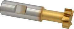Made in USA - 31/32" Cut Diam, 25/64" Cut Width, 17/32" Neck Diam, 3/4" Shank Diam, 3-7/16" OAL, High Speed Steel T-Slot Cutter - TiN Finish, 1/2" Bolt, 2-1/16" Shank Length, Staggered Teeth, 8 Teeth, Weldon Flat - Exact Tool & Supply