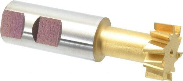 Made in USA - 1-1/4" Cut Diam, 31/64" Cut Width, 21/32" Neck Diam, 1" Shank Diam, 3-15/16" OAL, High Speed Steel T-Slot Cutter - TiN Finish, 5/8" Bolt, 2-15/16" Shank Length, Staggered Teeth, 10 Teeth, Weldon Flat - Exact Tool & Supply