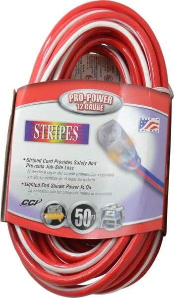 Southwire - 50', 12/3 Gauge/Conductors, Red/White Outdoor Extension Cord - 1 Receptacle, 15 Amps, 125 VAC, UL SJTW, NEMA 5-15P, 5-15R - Exact Tool & Supply