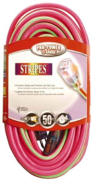 Southwire - 50', 12/3 Gauge/Conductors, Pink/Lime Green Outdoor Extension Cord - 1 Receptacle, 15 Amps, 125 VAC, UL SJTW, NEMA 5-15P, 5-15R - Exact Tool & Supply